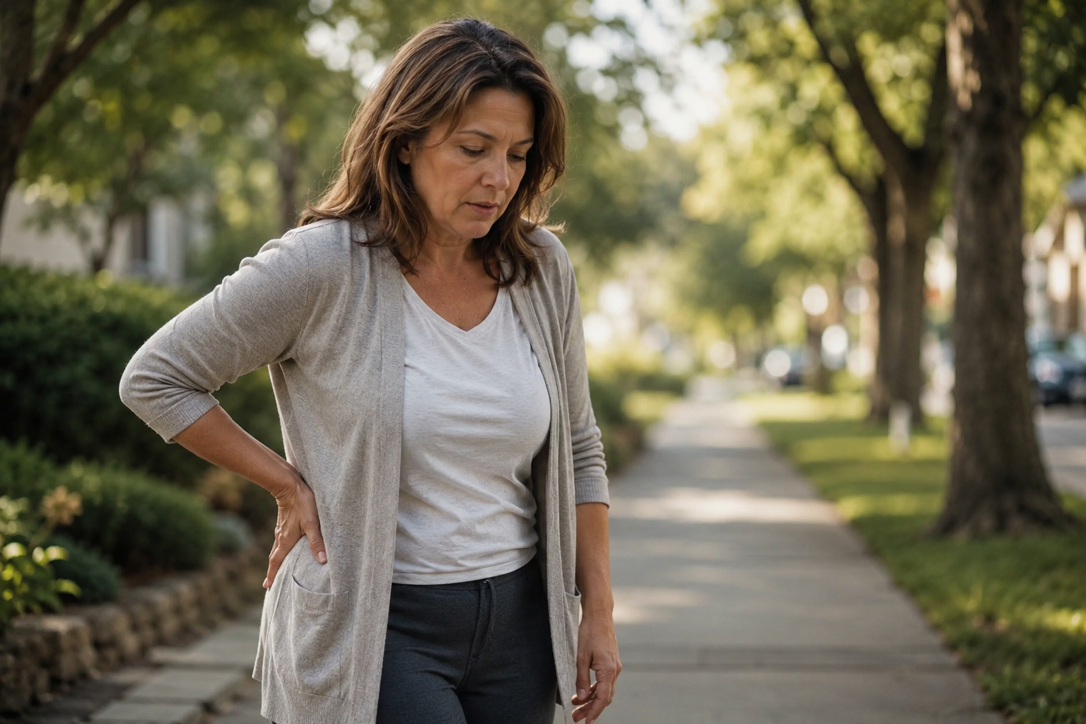 Woman pausing mid-walk outdoors