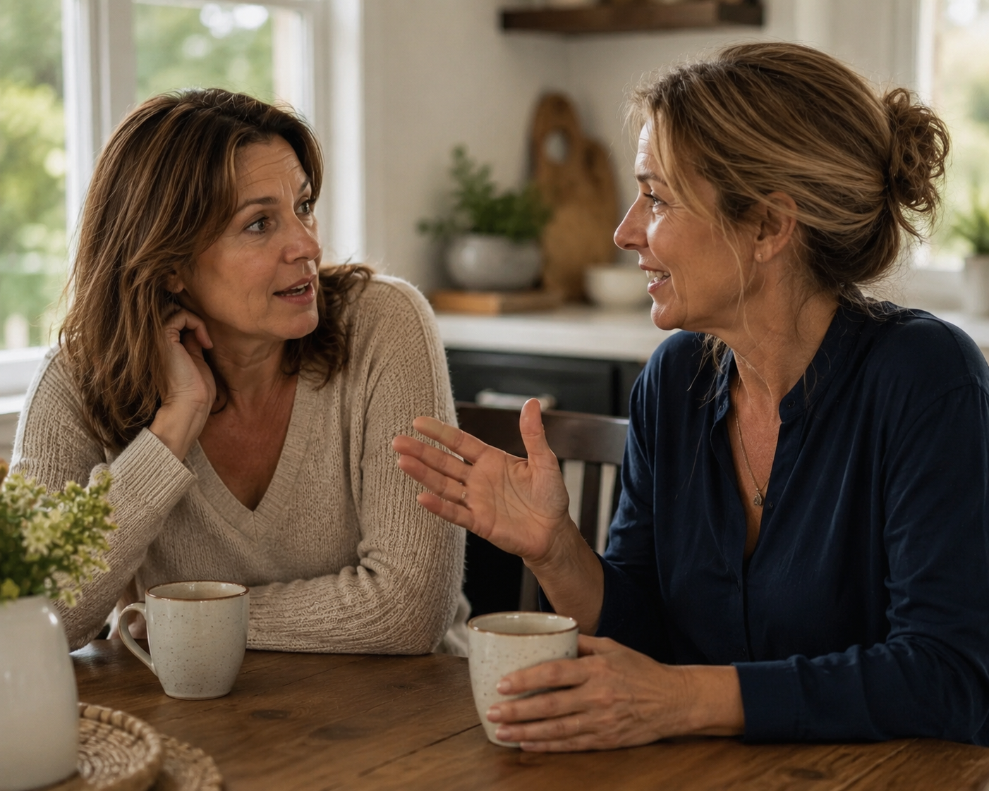 Two women having coffee and conversation